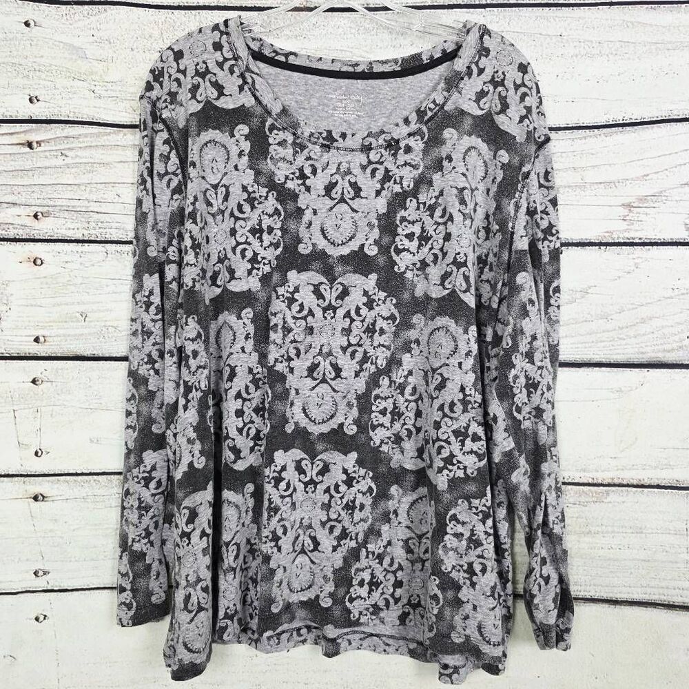 Willow Bay Gray Black Damask Long Sleeve Top 3X